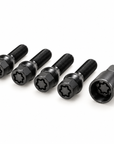 Representative set of four black locking wheel bolts with matching key; selected thread and R13 seat determine supplied set