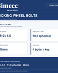 Bimecc M12x1.5 29mm R13 Locking Wheel Bolts - Black (Set of 4) — Bimecc branded fitment and specification guide