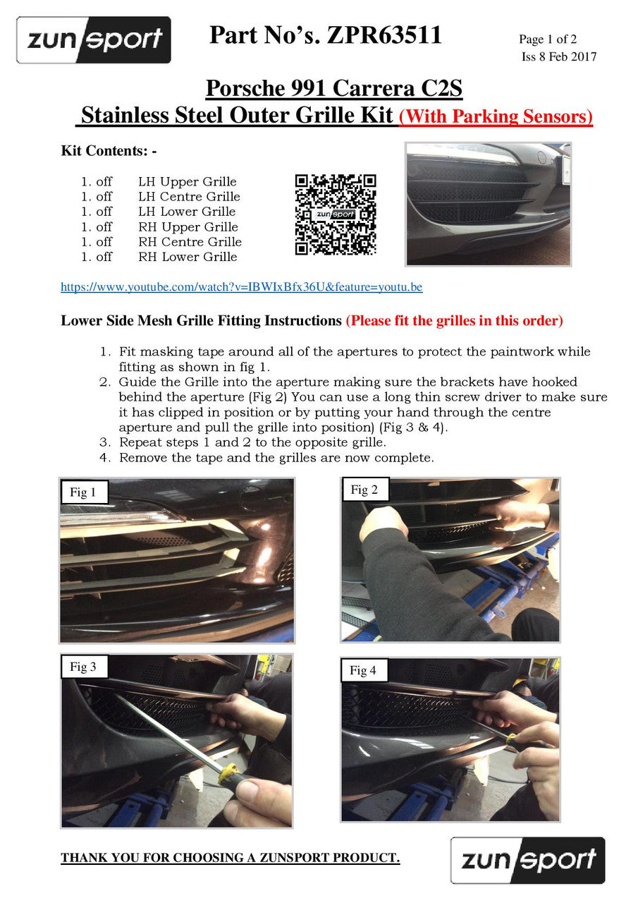Porsche Carrera S (with Parking Sensors) - Complete Front Grille Set by ZUNSPORT (2011-2015)