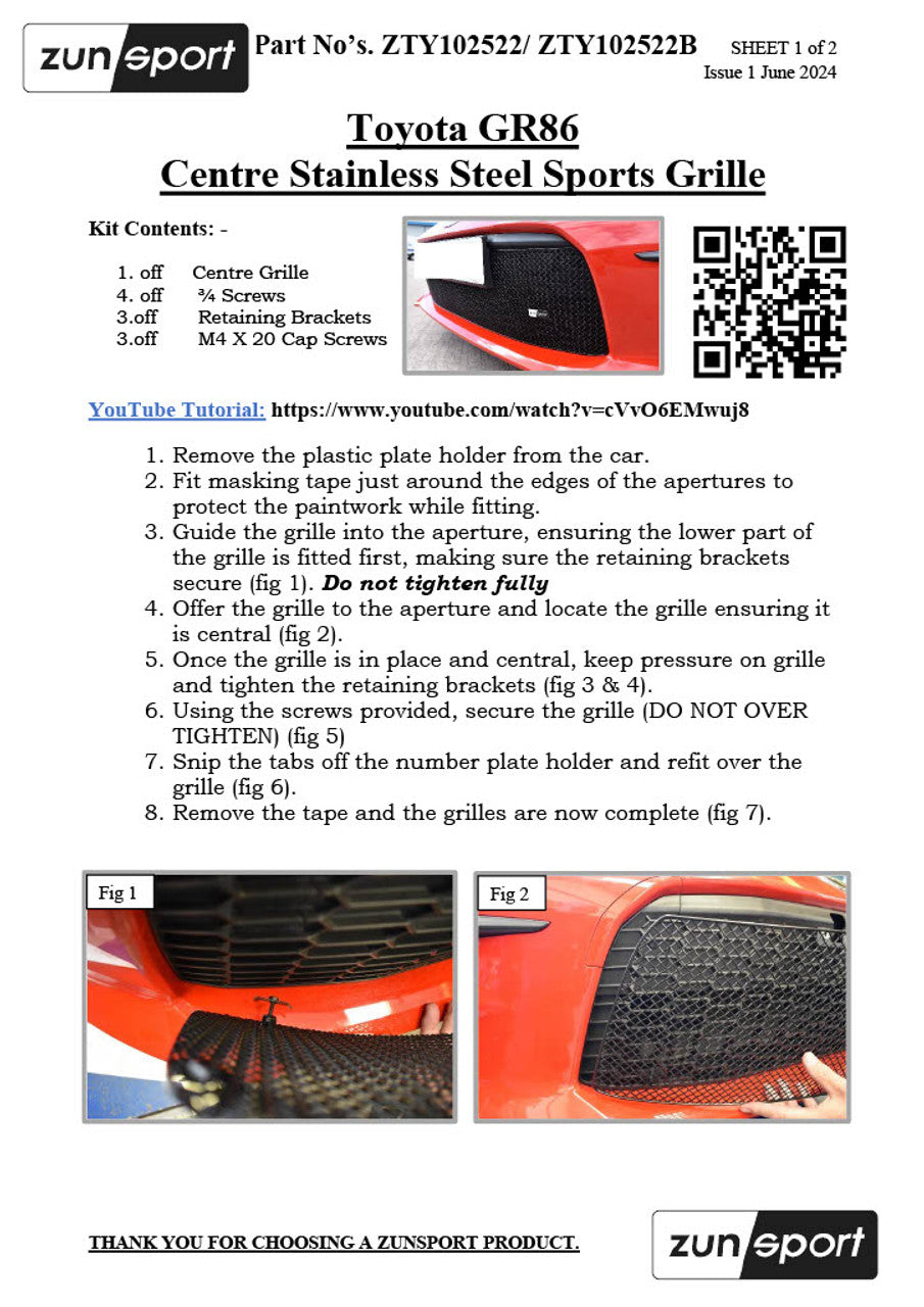 Toyota GR86 - Front Centre Grille by ZUNSPORT