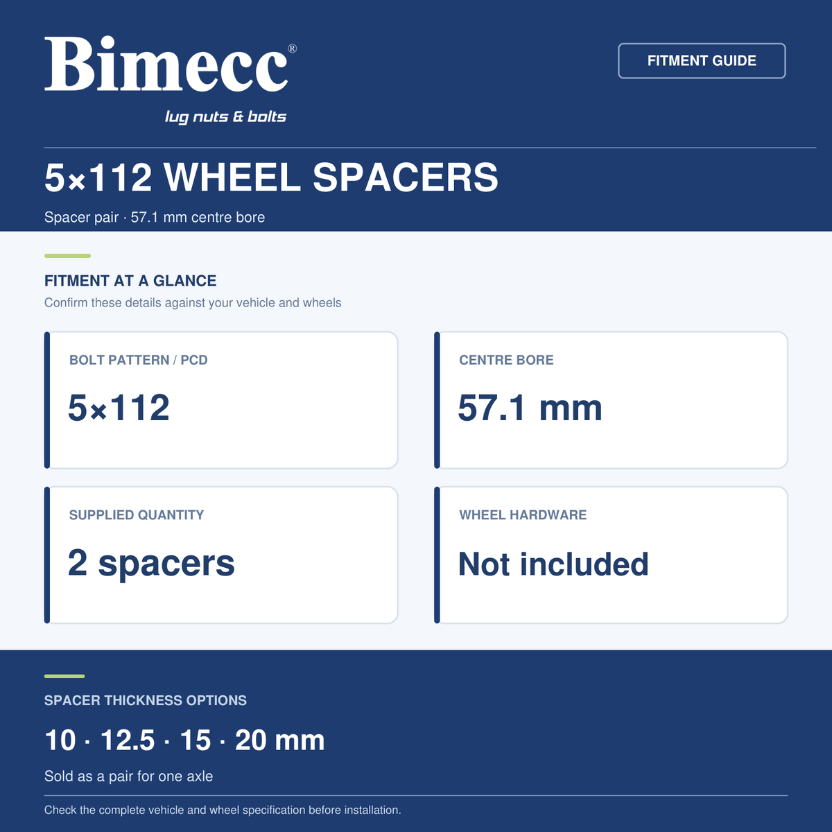 Bimecc 5x112 Wheel Spacers - 57.1mm Centre Bore - Pair — Bimecc branded fitment and specification guide