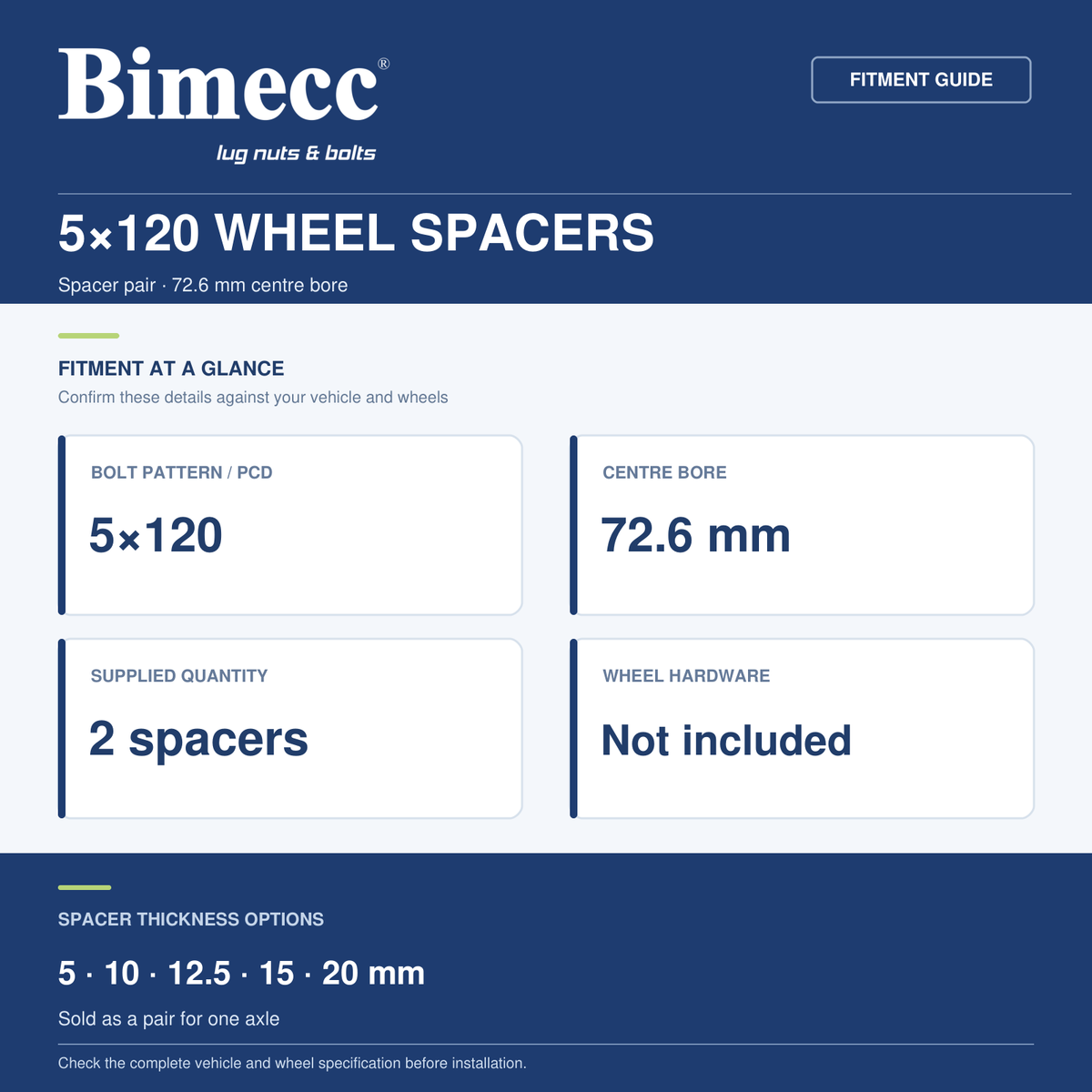 Bimecc 5x120 Wheel Spacers - 72.6mm Centre Bore - Pair — Bimecc branded fitment and specification guide