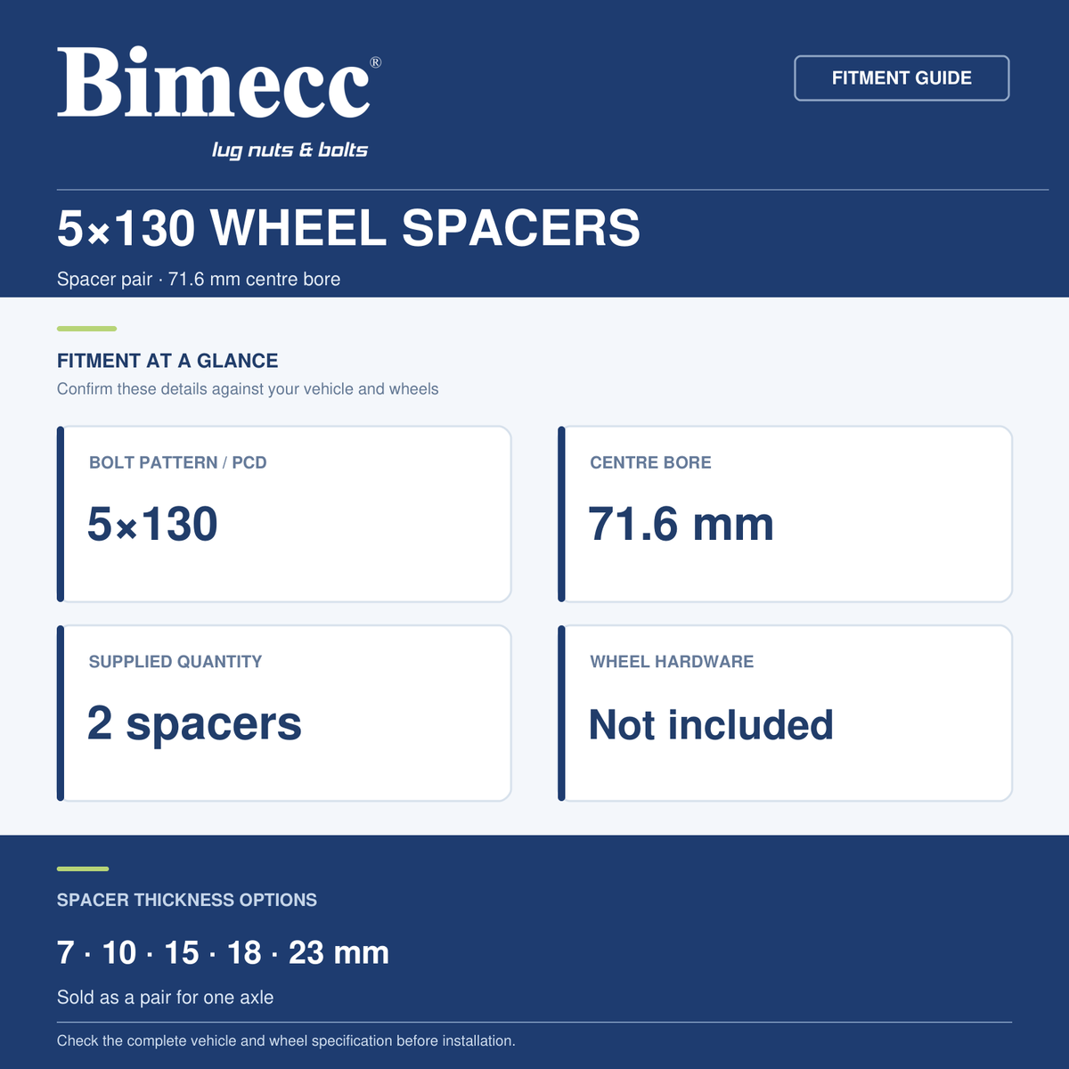 Bimecc 5x130 Wheel Spacers - 71.6mm Centre Bore - Pair — Bimecc branded fitment and specification guide