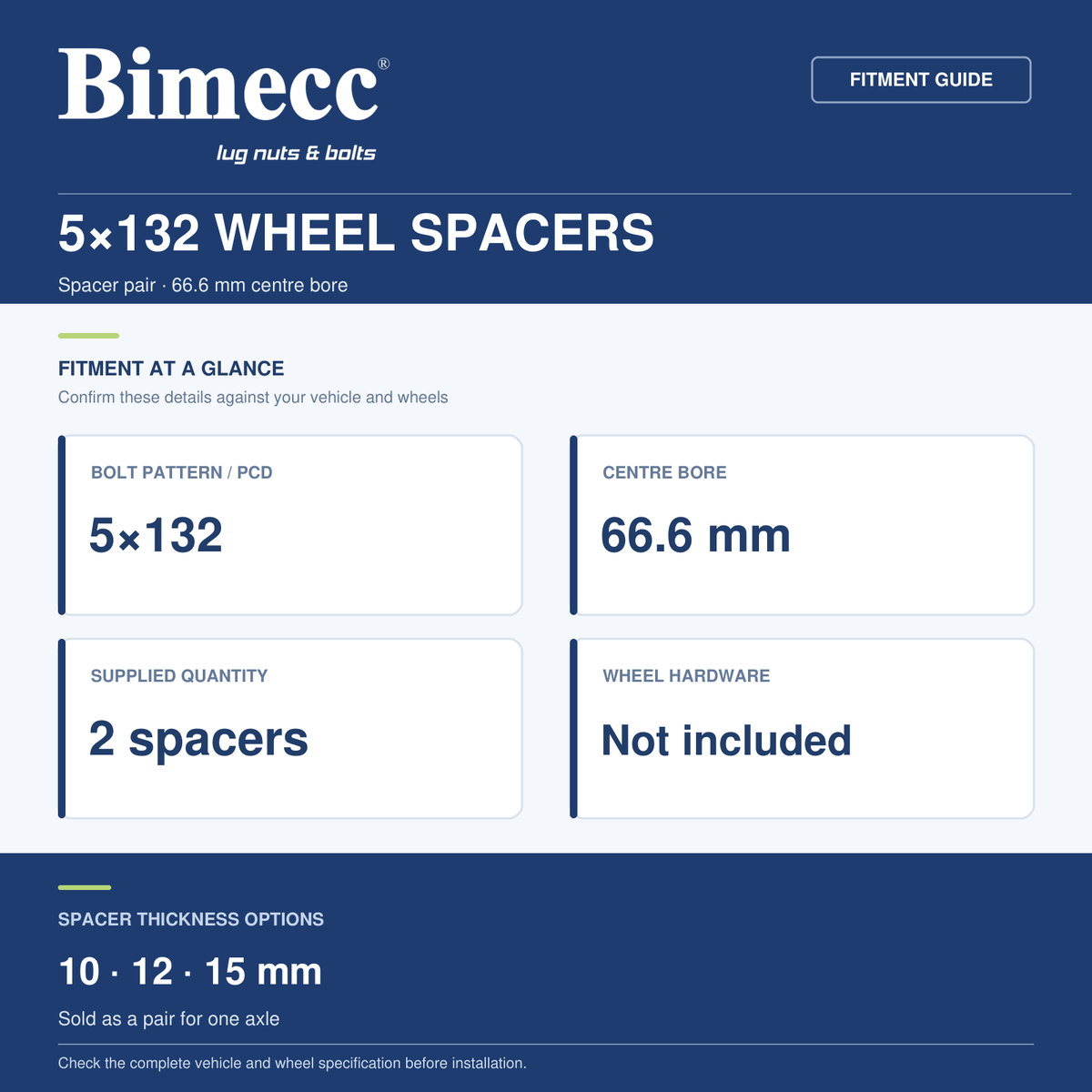 Bimecc 5x132 Wheel Spacers - 66.6mm Centre Bore - Pair — Bimecc branded fitment and specification guide