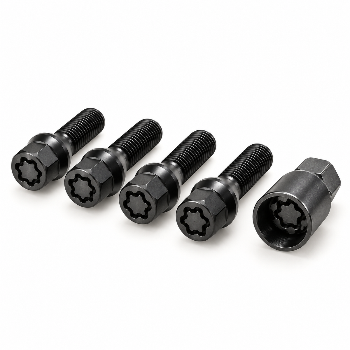 Representative set of four black Bimecc-style locking wheel bolts with matching key; size and seat of supplied set follow the selected specification
