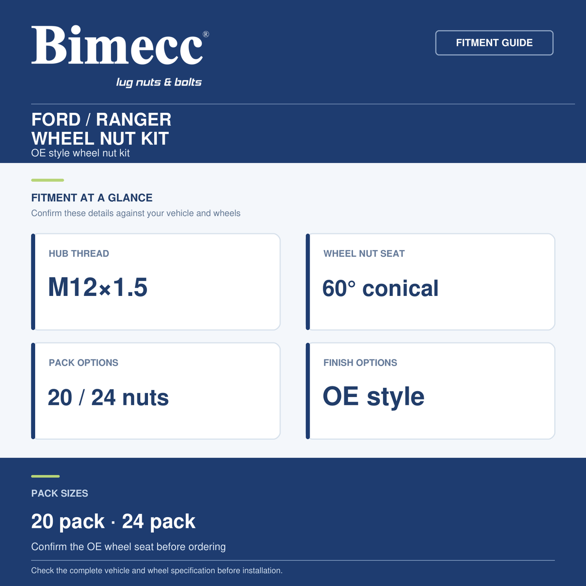 Bimecc Ford M12x1.5 60° OE Wheel Nut Kit - Ranger / Selected Ford — Bimecc branded fitment and specification guide