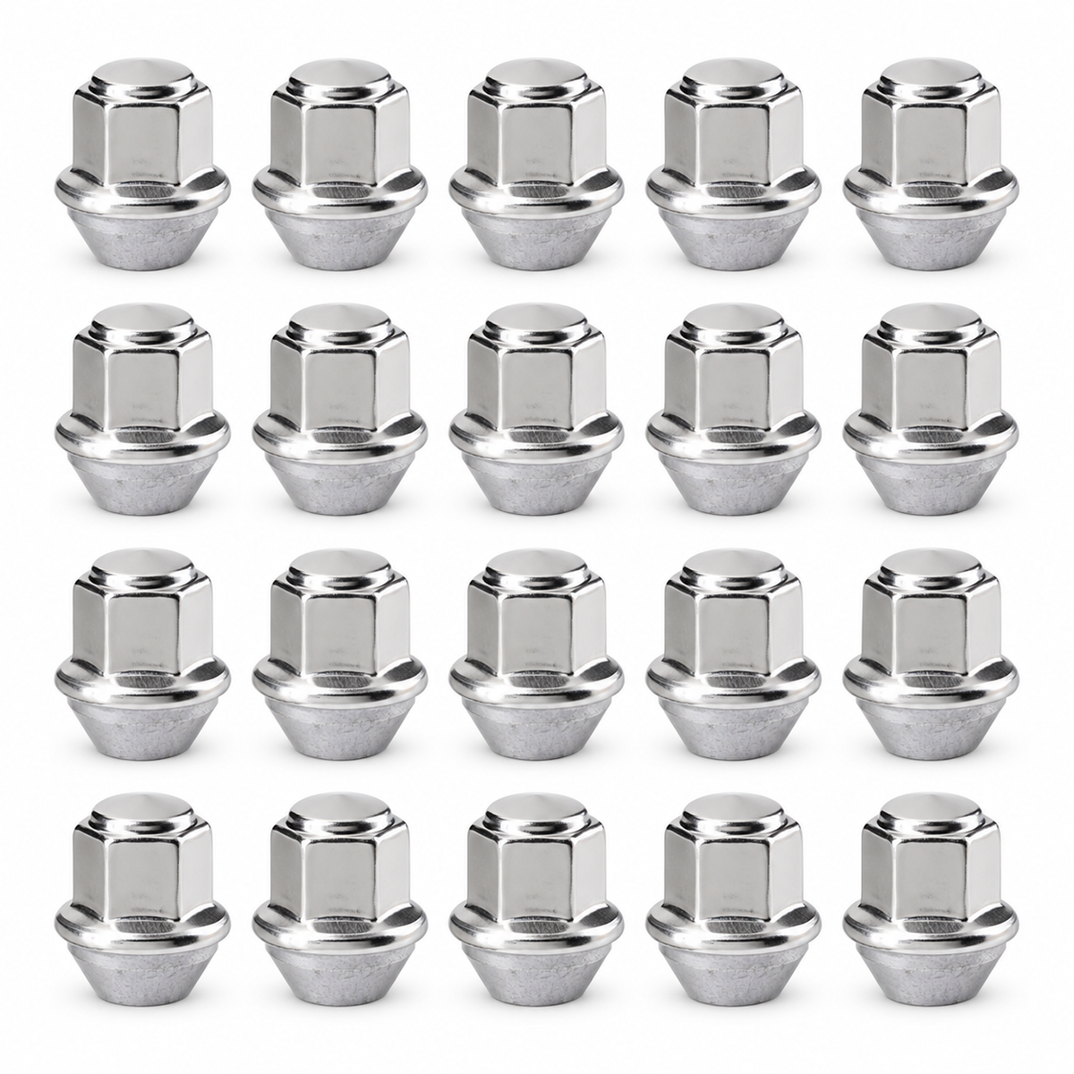 Representative 20-pack of chrome Ford conical-seat wheel nuts; selected pack size may differ