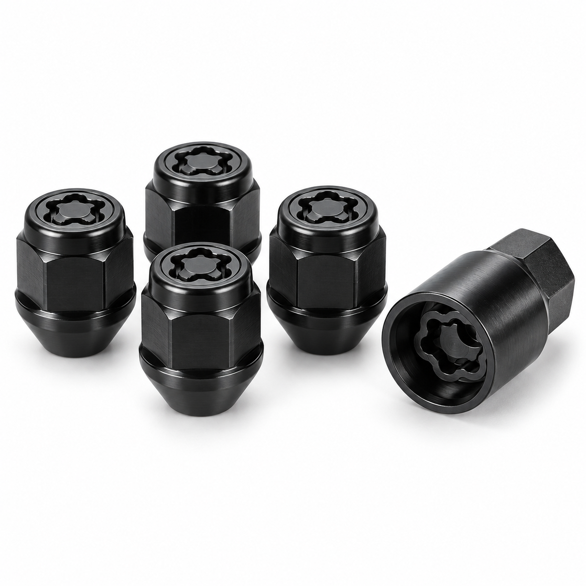 Representative set of four black locking wheel nuts with matching key