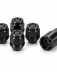 Representative set of four black locking wheel nuts with matching key