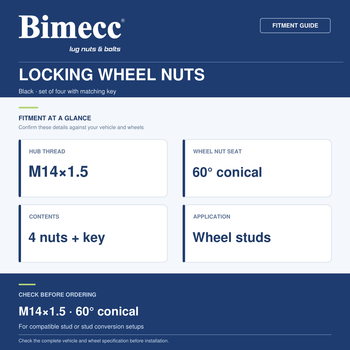 Bimecc Locking Wheel Nut Kit - M14x1.5 (60°) - Black — Bimecc branded fitment and specification guide