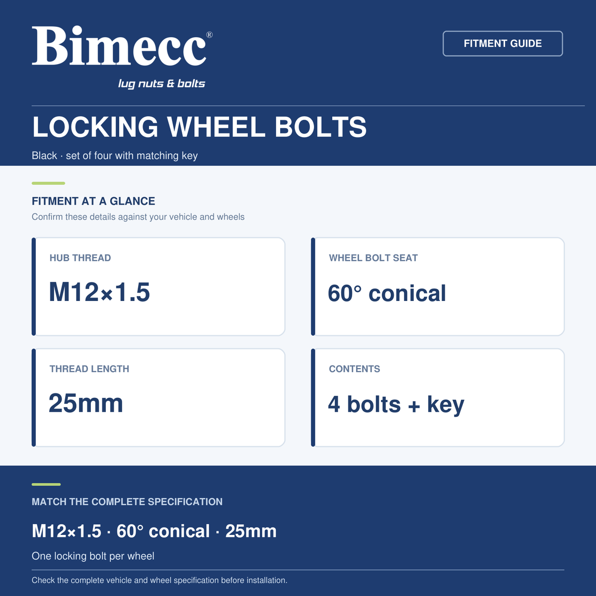 Bimecc M12x1.5 25mm 60° Locking Wheel Bolts - Black (Set of 4) — Bimecc branded fitment and specification guide