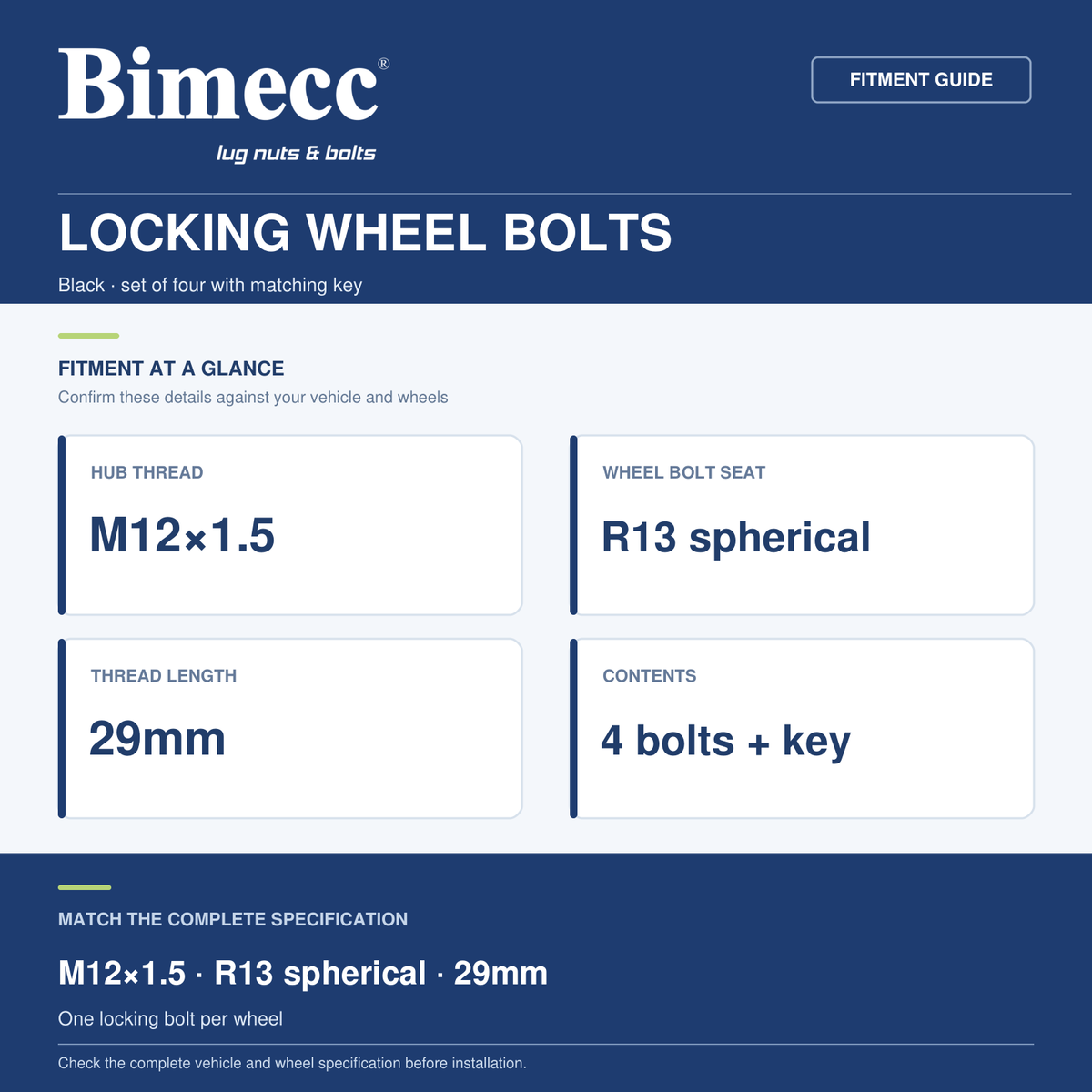 Bimecc M12x1.5 29mm R13 Locking Wheel Bolts - Black (Set of 4) — Bimecc branded fitment and specification guide