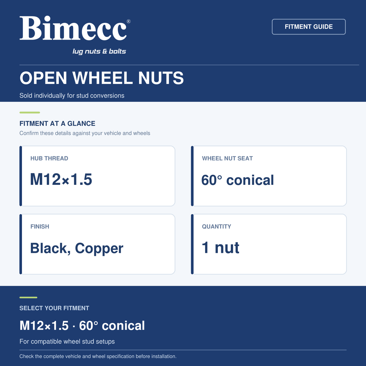 Bimecc M12x1.5 60° Open Wheel Nuts — Bimecc branded fitment and specification guide