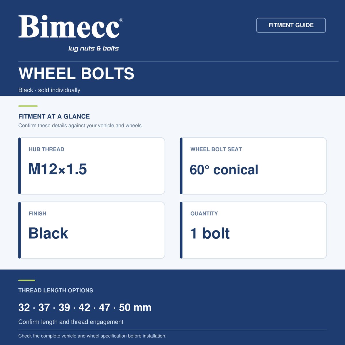 Bimecc M12x1.5 60° Wheel Bolts - Black — Bimecc branded fitment and specification guide