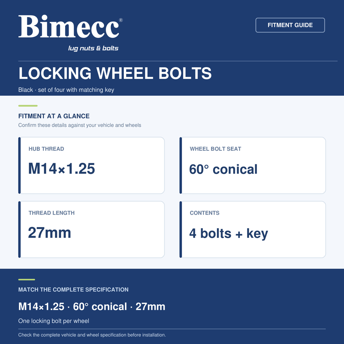 Bimecc M14x1.25 27mm 60° Locking Wheel Bolts - Black (Set of 4) — Bimecc branded fitment and specification guide