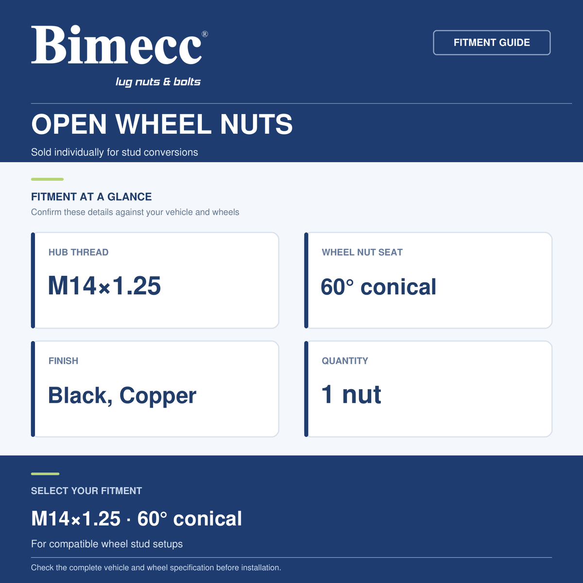 Bimecc M14x1.25 60° Open Wheel Nuts — Bimecc branded fitment and specification guide