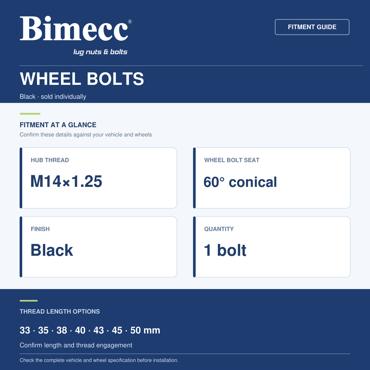 Bimecc M14x1.25 60° Wheel Bolts - Black — Bimecc branded fitment and specification guide