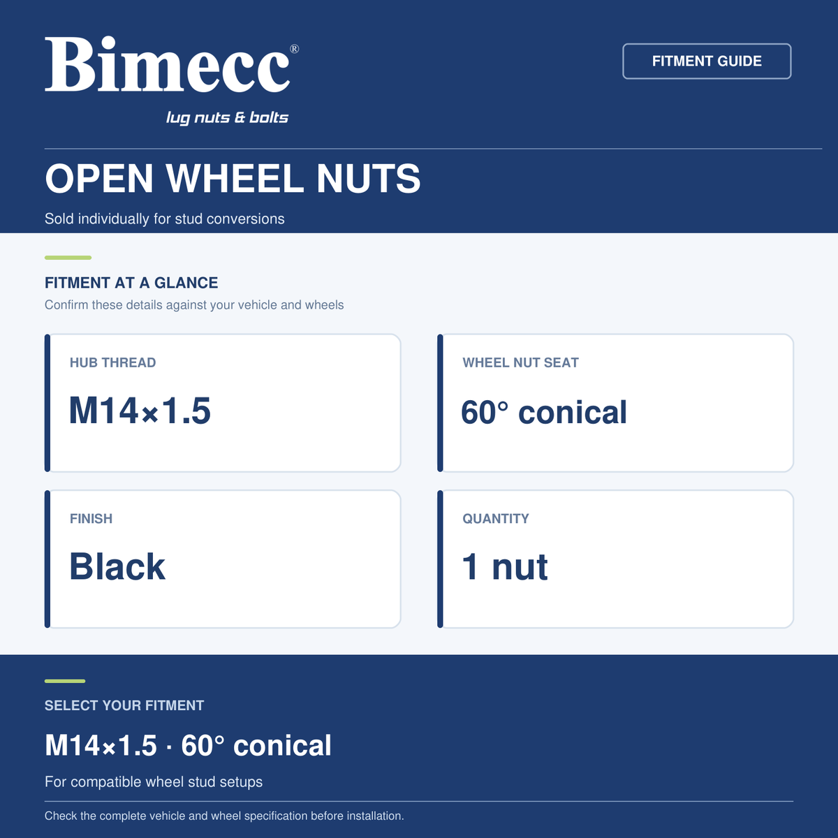 Bimecc M14x1.5 60° Open Wheel Nuts - Black — Bimecc branded fitment and specification guide