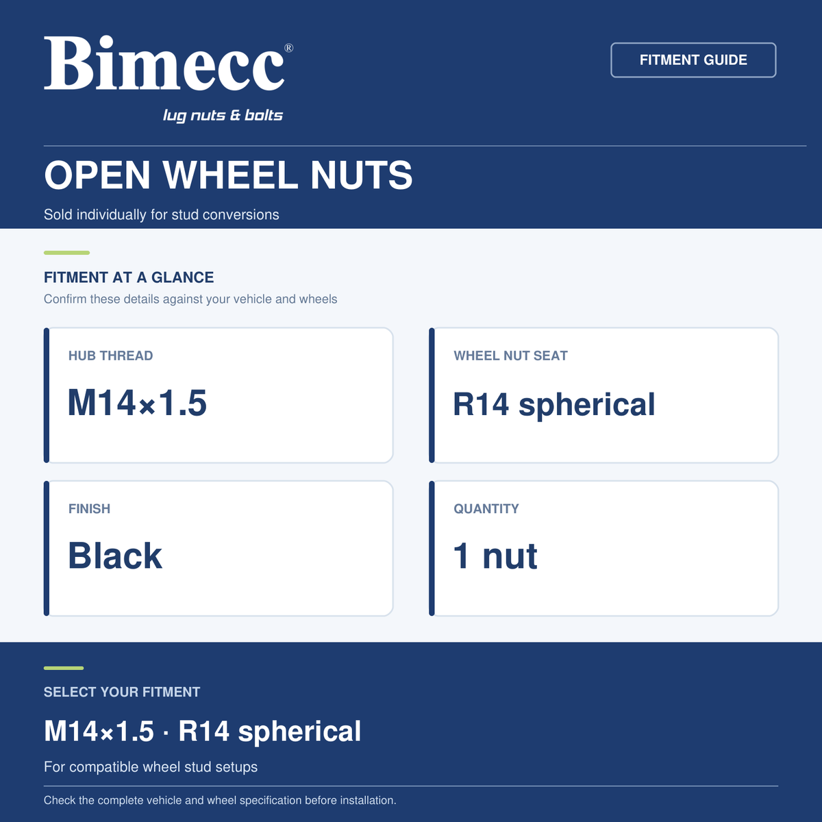 Bimecc M14x1.5 R14 Open Wheel Nuts - Black — Bimecc branded fitment and specification guide