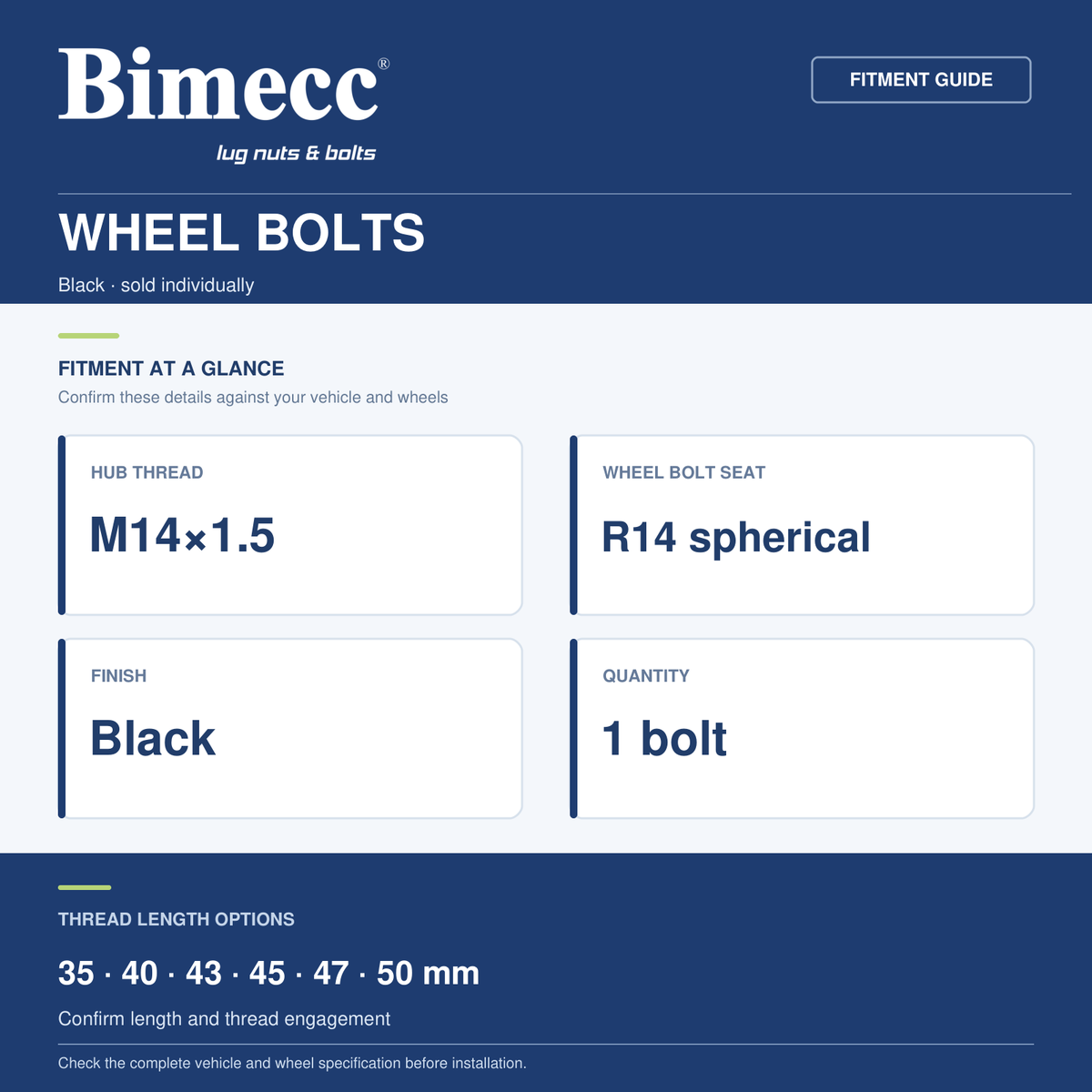 Bimecc M14x1.5 R14 Wheel Bolts - Black — Bimecc branded fitment and specification guide
