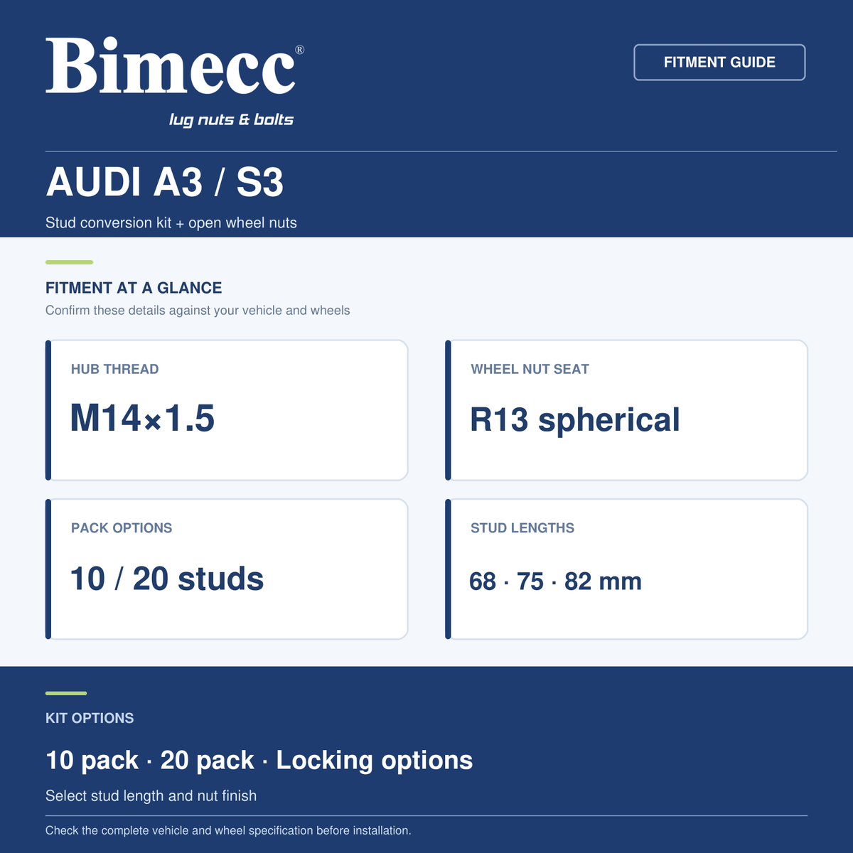 Bimecc Stud Conversion Kit - Audi A3 / S3 (M14x1.5 R13) — Bimecc branded fitment and specification guide