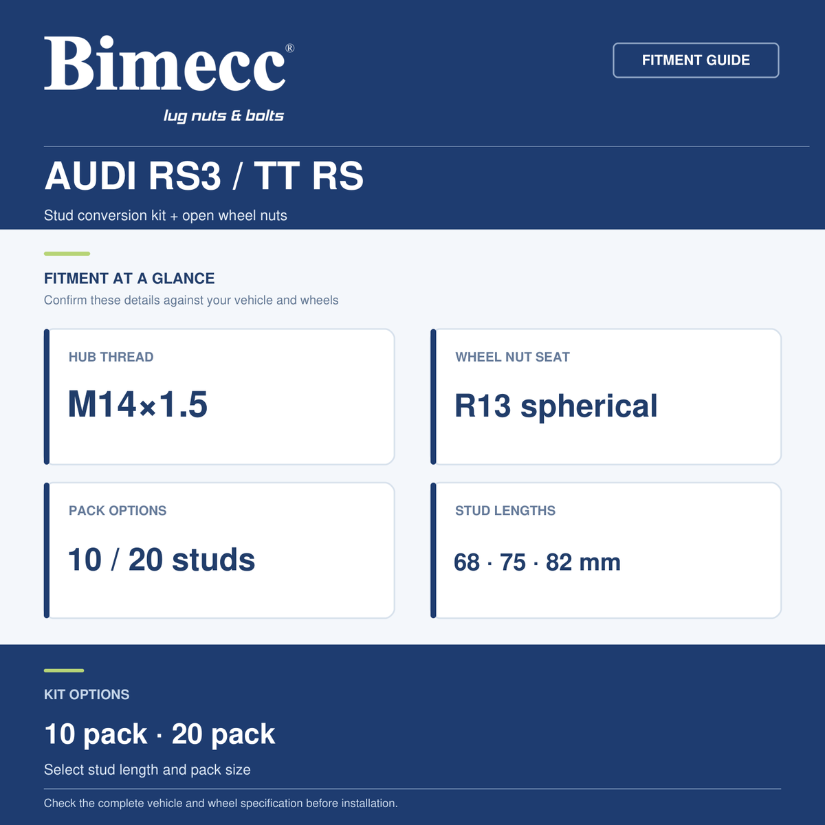 Bimecc Audi RS3 / TT RS stud conversion kit — M14x1.5 R13 spherical nut fitment guide