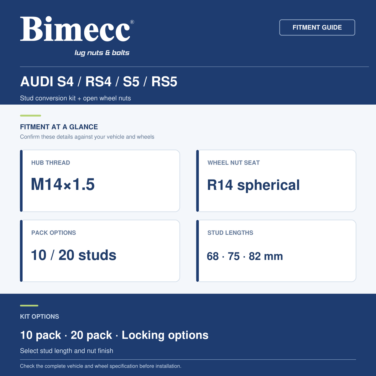Bimecc Stud Conversion Kit - Audi S4 / RS4 / S5 / RS5 (M14x1.5 R14) — Bimecc branded fitment and specification guide