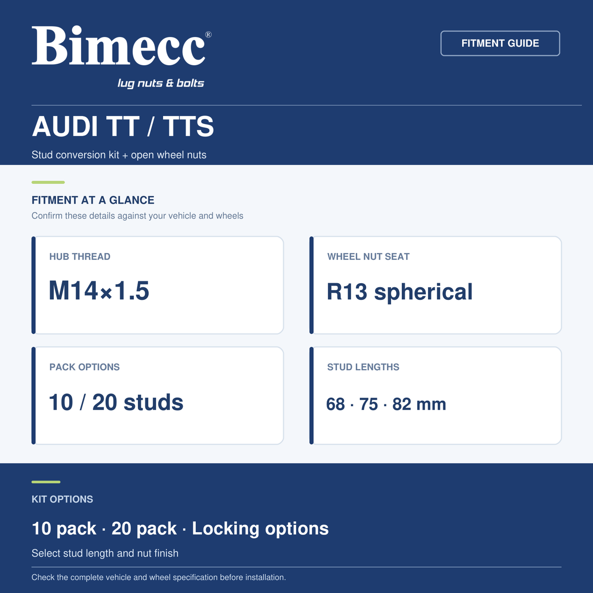 Bimecc Stud Conversion Kit - Audi TT / TTS (M14x1.5 R13) — Bimecc branded fitment and specification guide