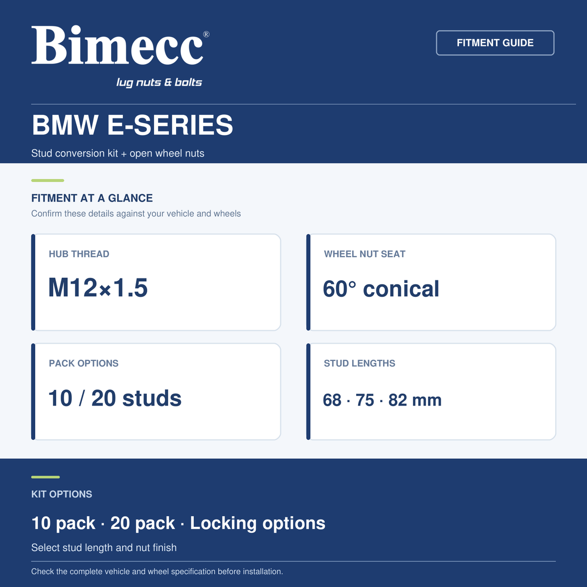 Bimecc Stud Conversion Kit - BMW E-Series (M12x1.5) — Bimecc branded fitment and specification guide