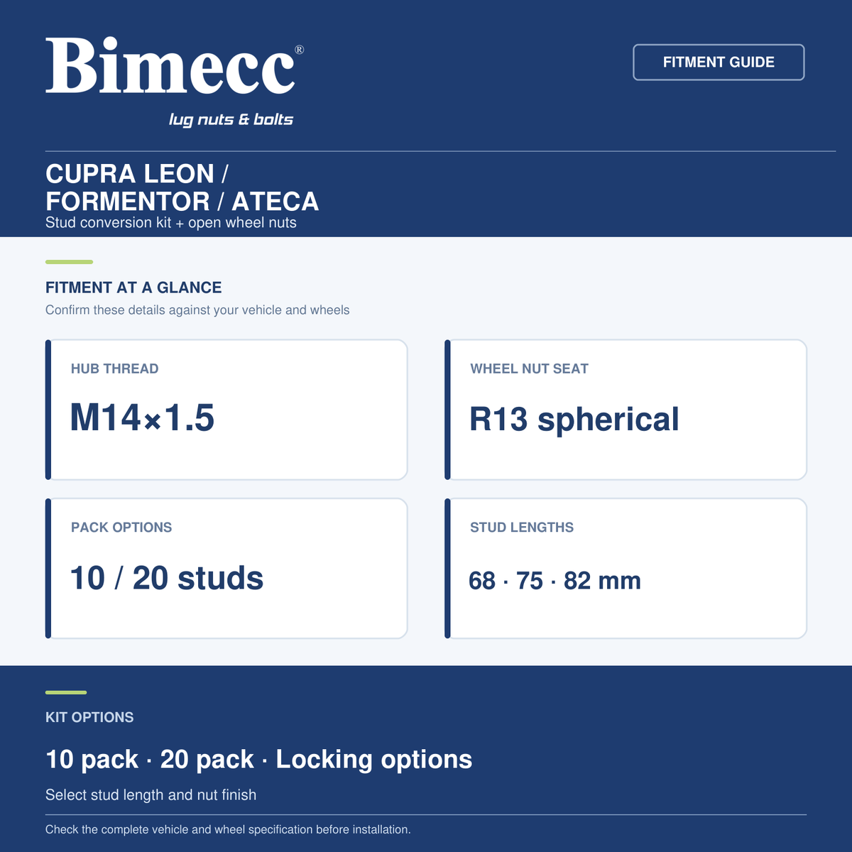 Bimecc Stud Conversion Kit - CUPRA Leon / Formentor / Ateca (M14x1.5 R13) — Bimecc branded fitment and specification guide