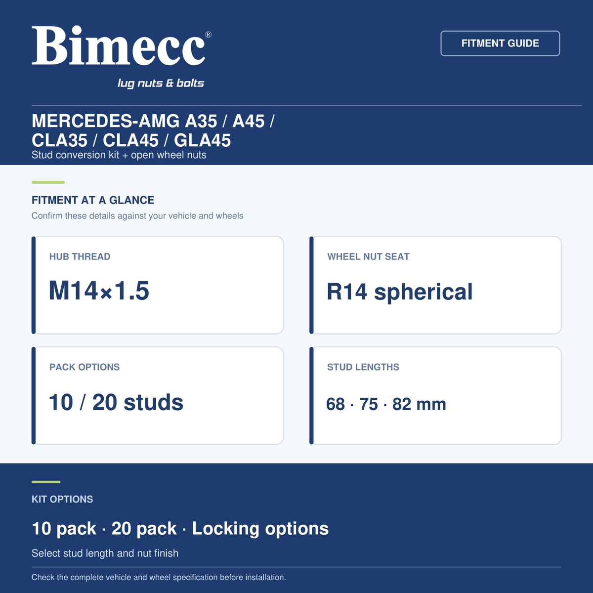 Bimecc Stud Conversion Kit - Mercedes-AMG A35 / A45 / CLA35 / CLA45 / GLA45 (M14x1.5 R14) — Bimecc branded fitment and specification guide