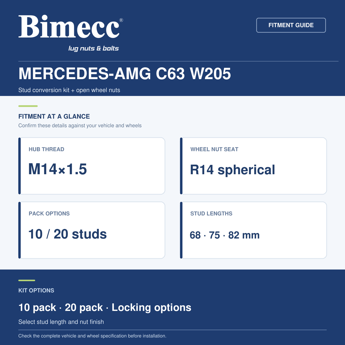 Bimecc Stud Conversion Kit - Mercedes-AMG C63 W205 (M14x1.5 R14) — Bimecc branded fitment and specification guide