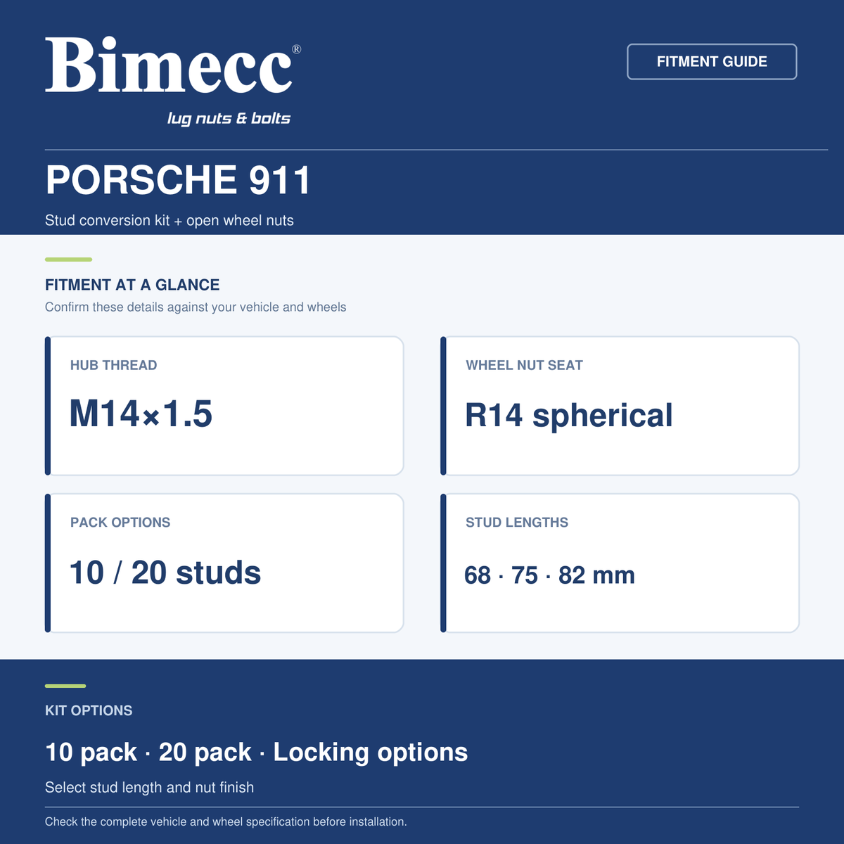 Bimecc Stud Conversion Kit - Porsche 911 (M14x1.5 R14) — Bimecc branded fitment and specification guide