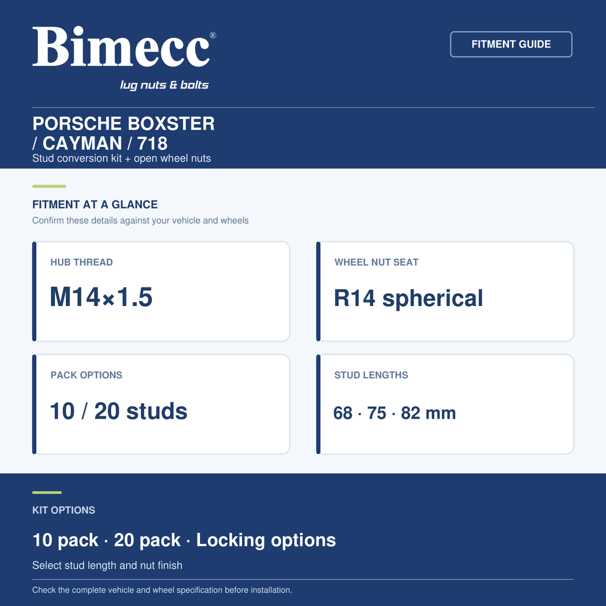 Bimecc Stud Conversion Kit - Porsche Boxster / Cayman / 718 (M14x1.5 R14) — Bimecc branded fitment and specification guide