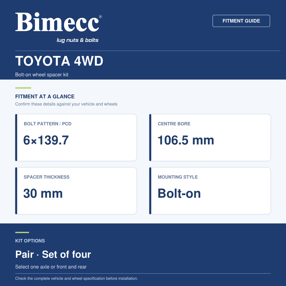 Bimecc Toyota 4WD 30mm Bolt-On Wheel Spacer Kit - 6x139.7 / 106.5 — Bimecc branded fitment and specification guide