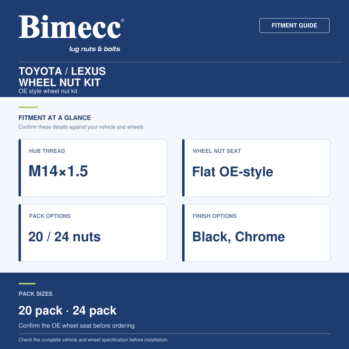 Bimecc Toyota / Lexus M14x1.5 Flat Seat OE Wheel Nut Kit — Bimecc branded fitment and specification guide