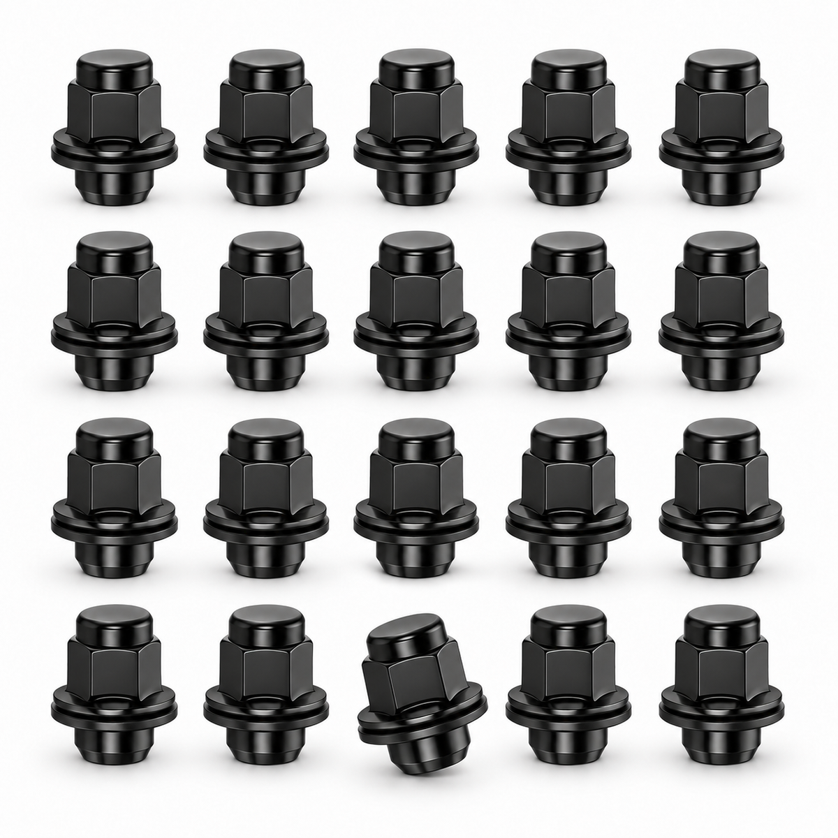 Representative 20-pack of black Toyota flat-seat wheel nuts; selected pack size may differ