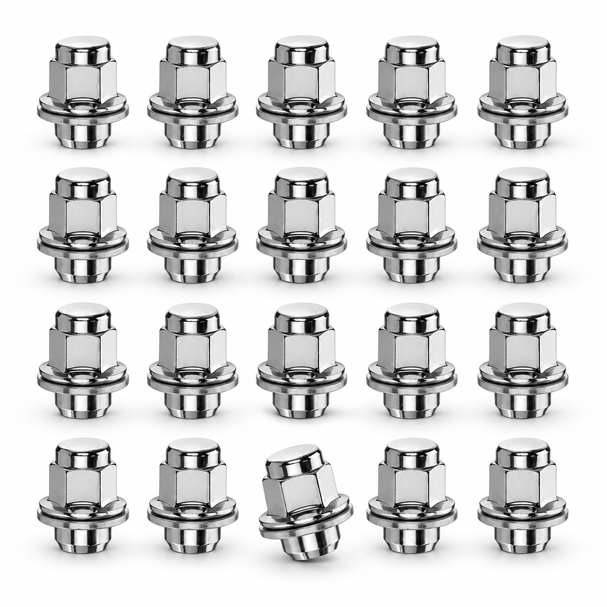 Representative 20-pack of chrome Toyota flat-seat wheel nuts; selected pack size and finish may differ