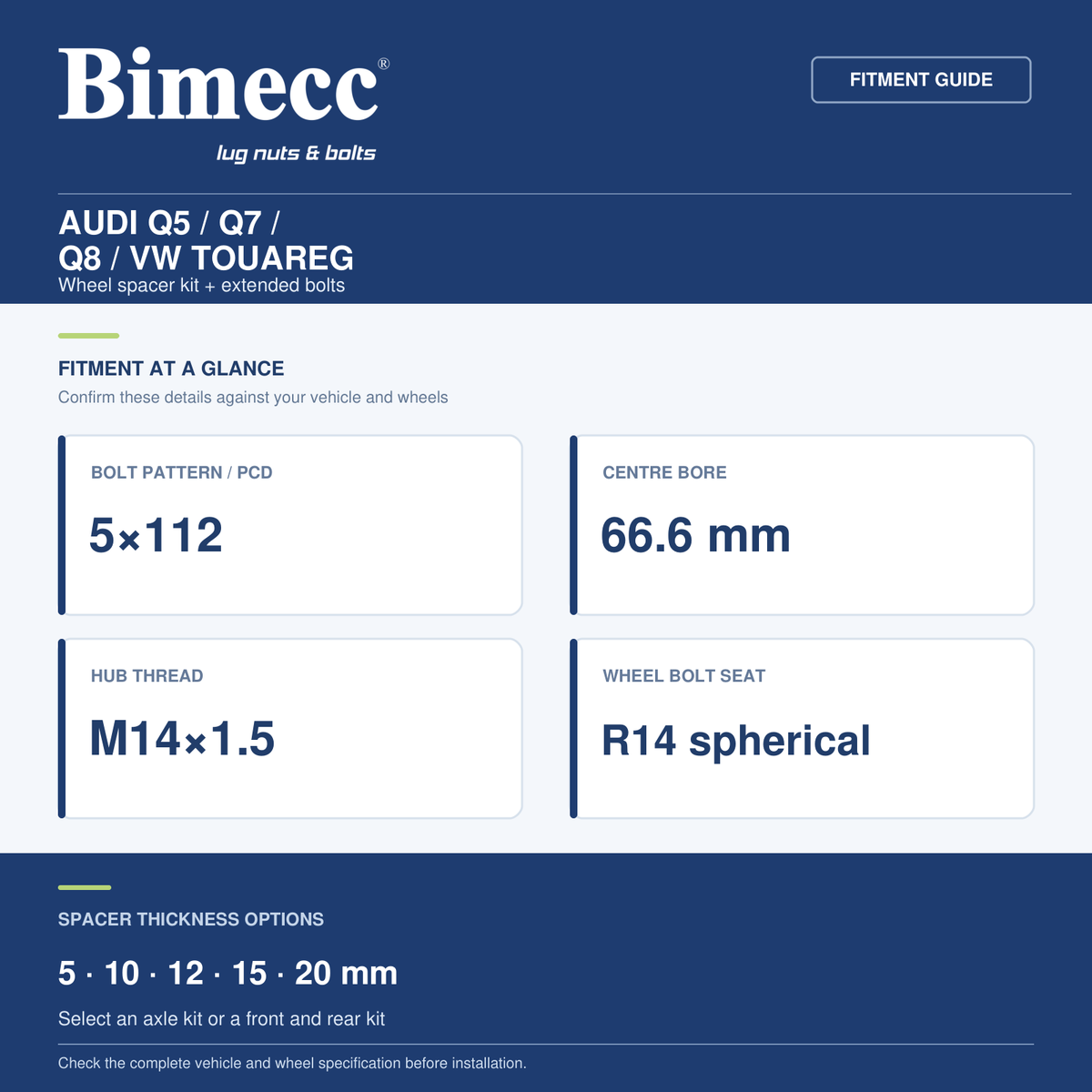 Bimecc VAG Large SUV Wheel Spacer Kit - Audi Q5 / Q7 / Q8 / VW Touareg 5x112 / 66.6 — Bimecc branded fitment and specification guide
