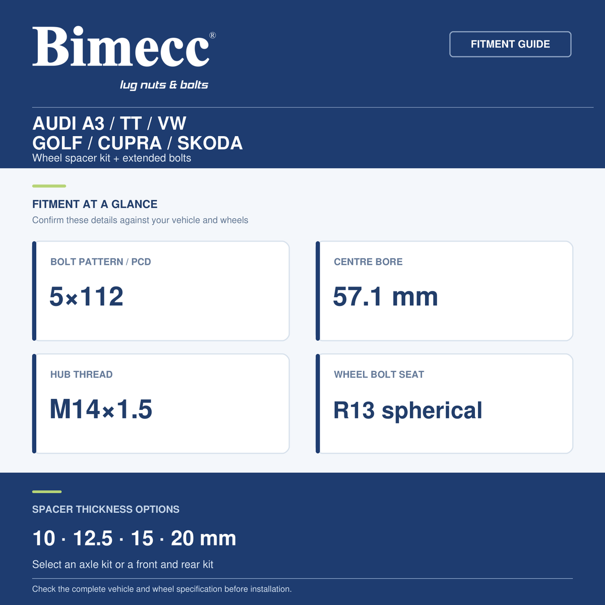 Bimecc Wheel Spacer Kit - Audi A3 / TT / VW Golf / CUPRA / Skoda (5x112 / 57.1) — Bimecc branded fitment and specification guide