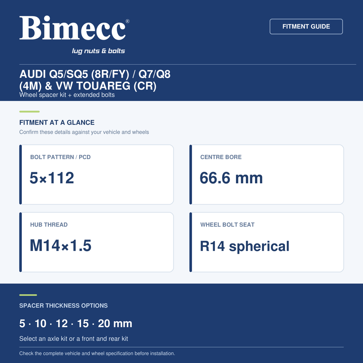 Bimecc Wheel Spacer Kit - Audi Q5/SQ5 (8R/FY) / Q7/Q8 (4M) &amp; VW Touareg (CR) 5x112 / 66.6 — Bimecc branded fitment and specification guide
