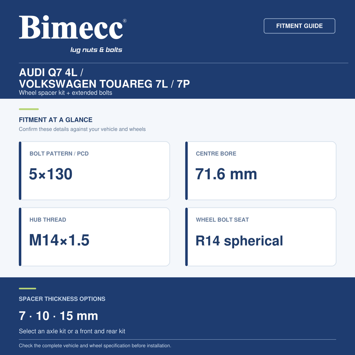 Bimecc Wheel Spacer Kit - Audi Q7 4L / Volkswagen Touareg 7L / 7P 5x130 / 71.6 — Bimecc branded fitment and specification guide