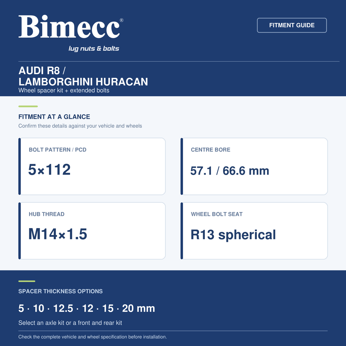 Bimecc Wheel Spacer Kit - Audi R8 / Lamborghini Huracan (5x112 / 57.1 / 66.6) — Bimecc branded fitment and specification guide