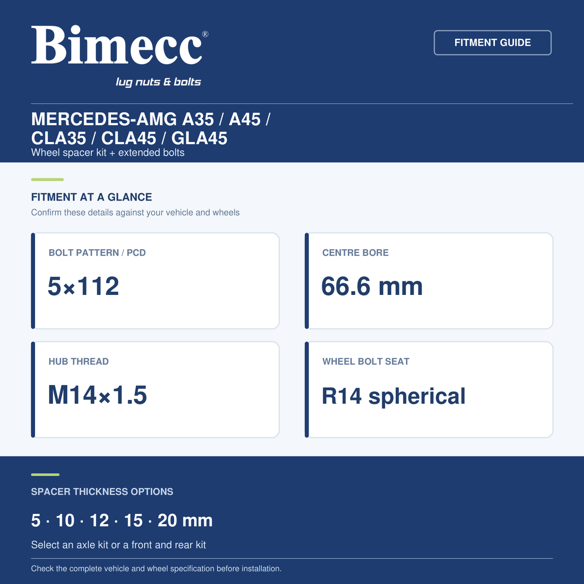 Bimecc Wheel Spacer Kit - Mercedes-AMG A35 / A45 / CLA35 / CLA45 / GLA45 (5x112 / 66.6) — Bimecc branded fitment and specification guide