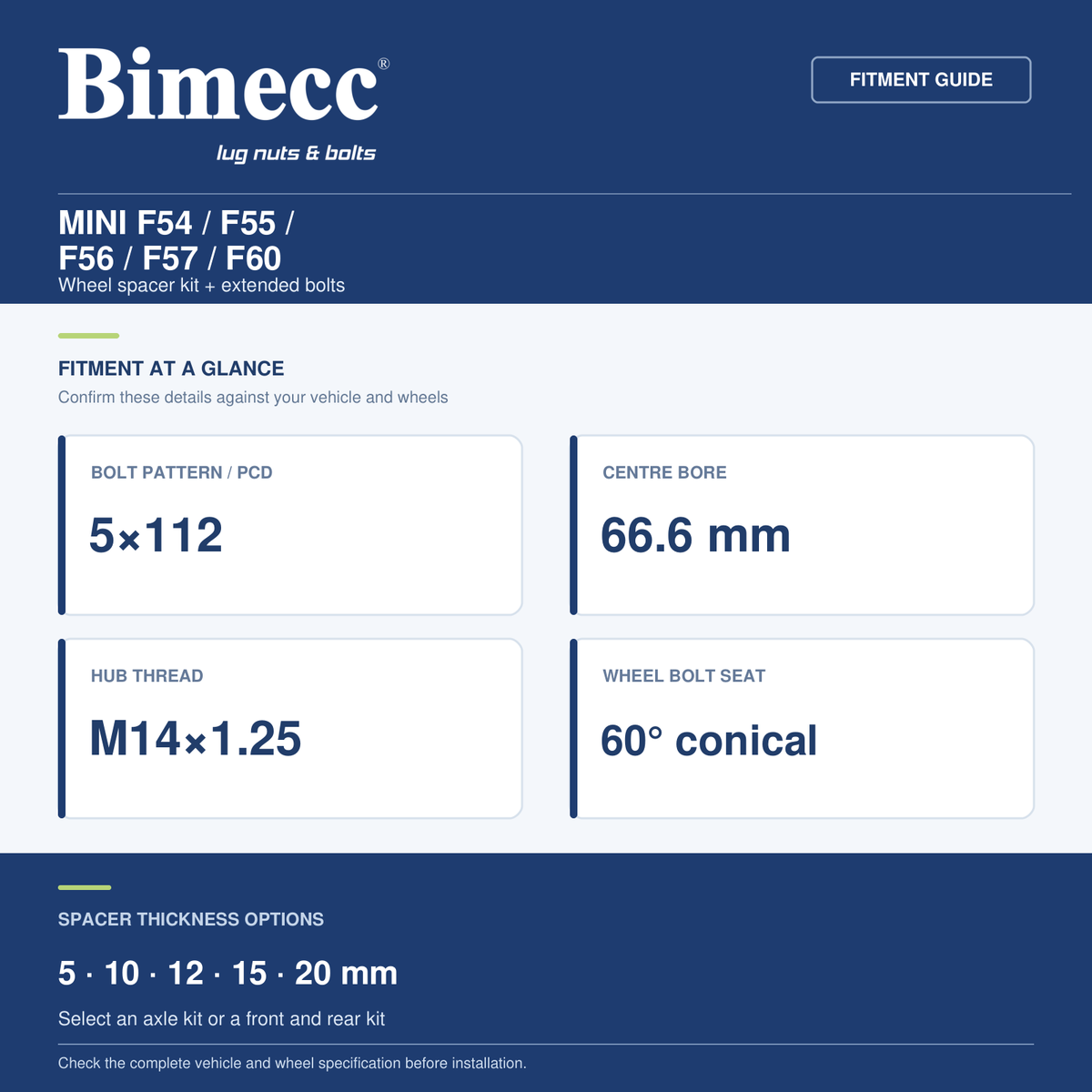 Bimecc Wheel Spacer Kit - MINI F54 / F55 / F56 / F57 / F60 (5x112 / 66.6) — Bimecc branded fitment and specification guide