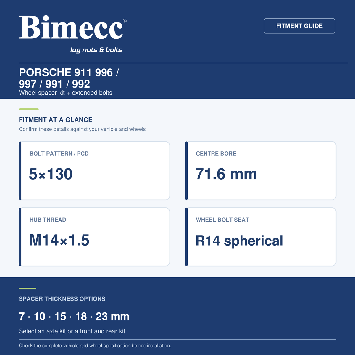 Bimecc Wheel Spacer Kit - Porsche 911 996 / 997 / 991 / 992 (5x130 / 71.6) — Bimecc branded fitment and specification guide