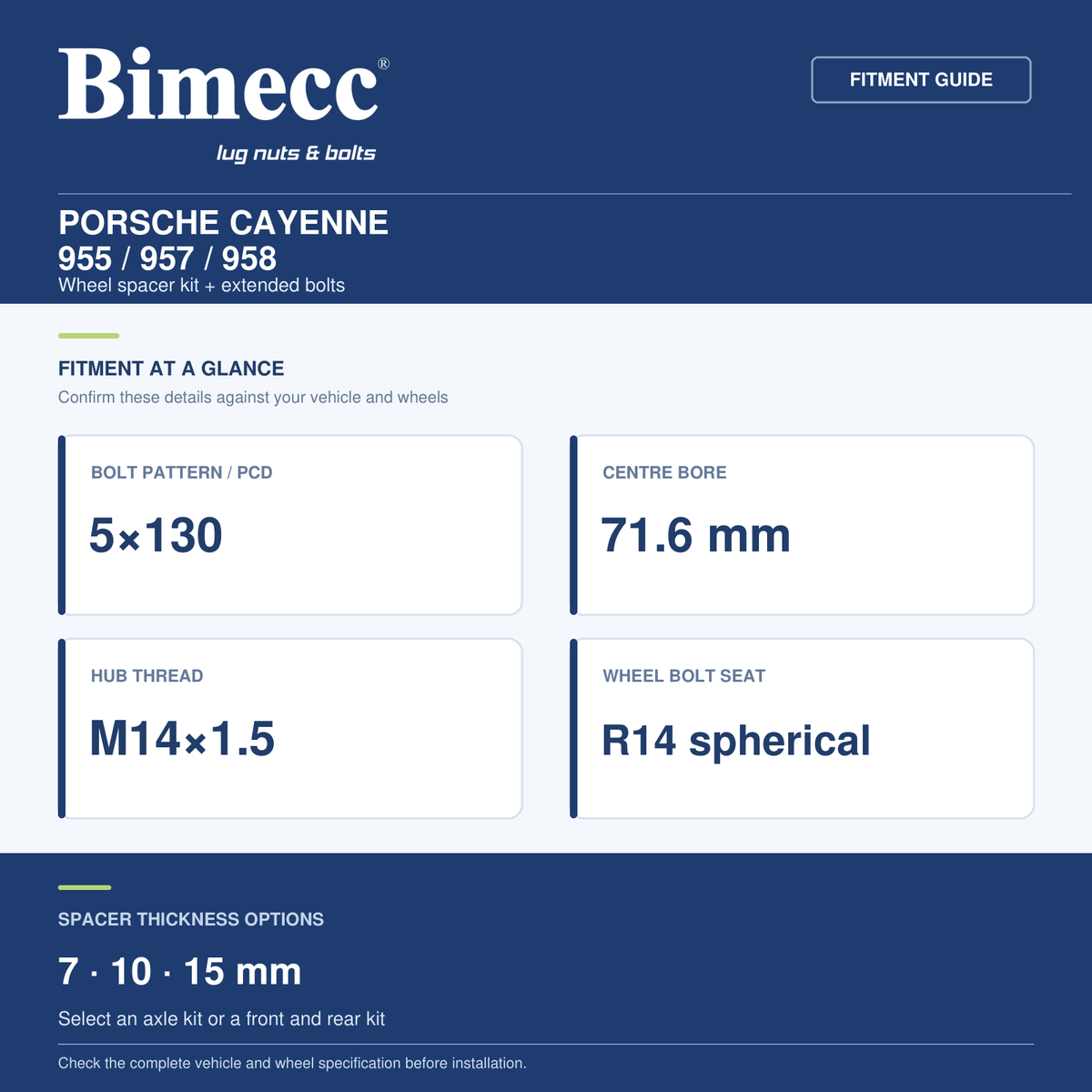 Bimecc Wheel Spacer Kit - Porsche Cayenne 955 / 957 / 958 (5x130 / 71.6) — Bimecc branded fitment and specification guide