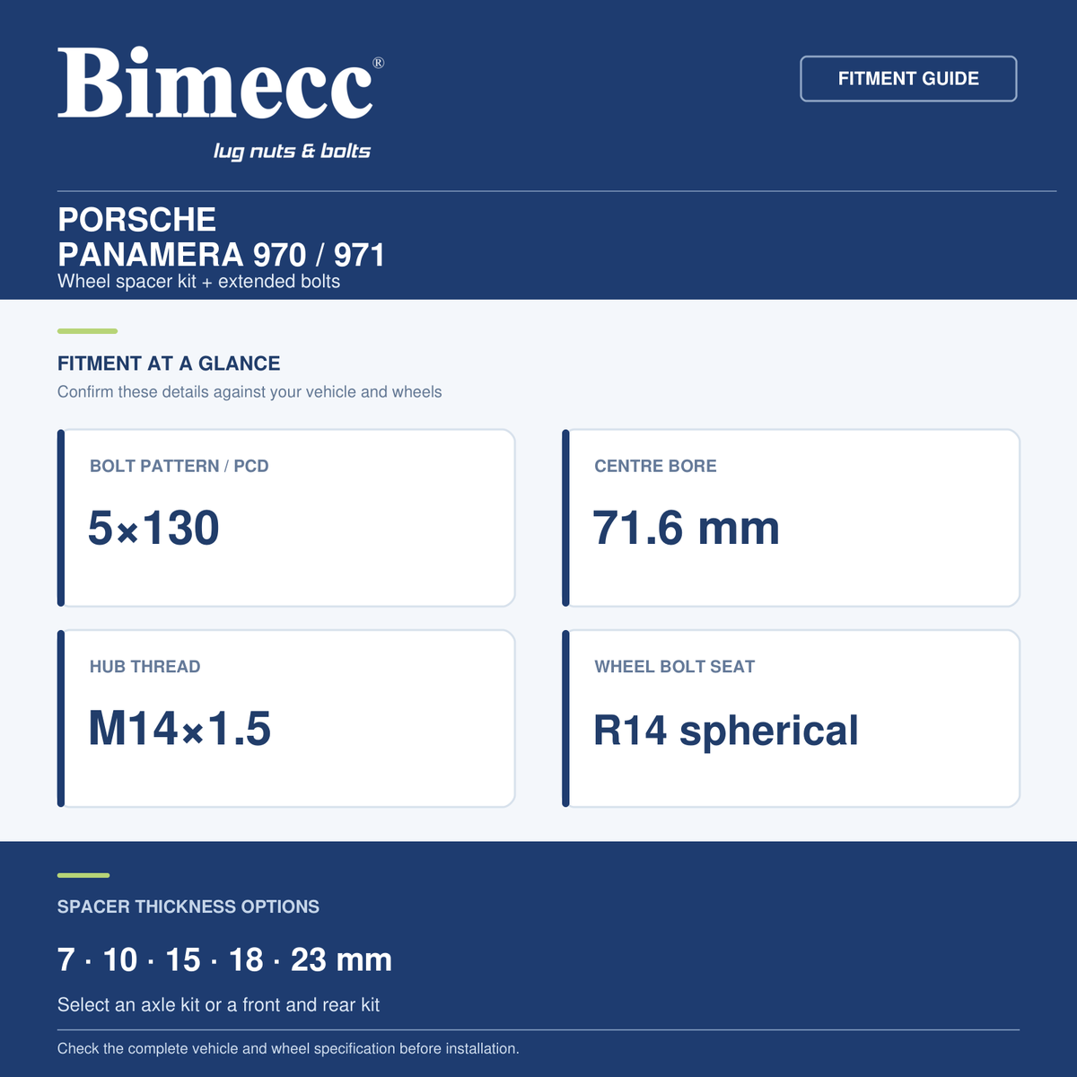 Bimecc Wheel Spacer Kit - Porsche Panamera 970 / 971 (5x130 / 71.6) — Bimecc branded fitment and specification guide