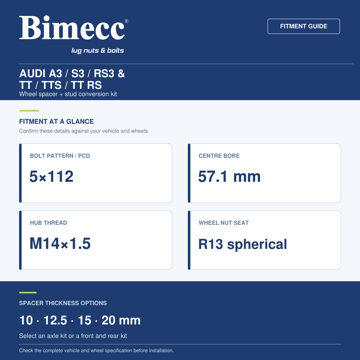 Bimecc Wheel Spacer + Stud Conversion Combo Kit - Audi A3 / S3 / RS3 &amp; TT / TTS / TT RS (5x112 / 57.1) — Bimecc branded fitment and specification guide