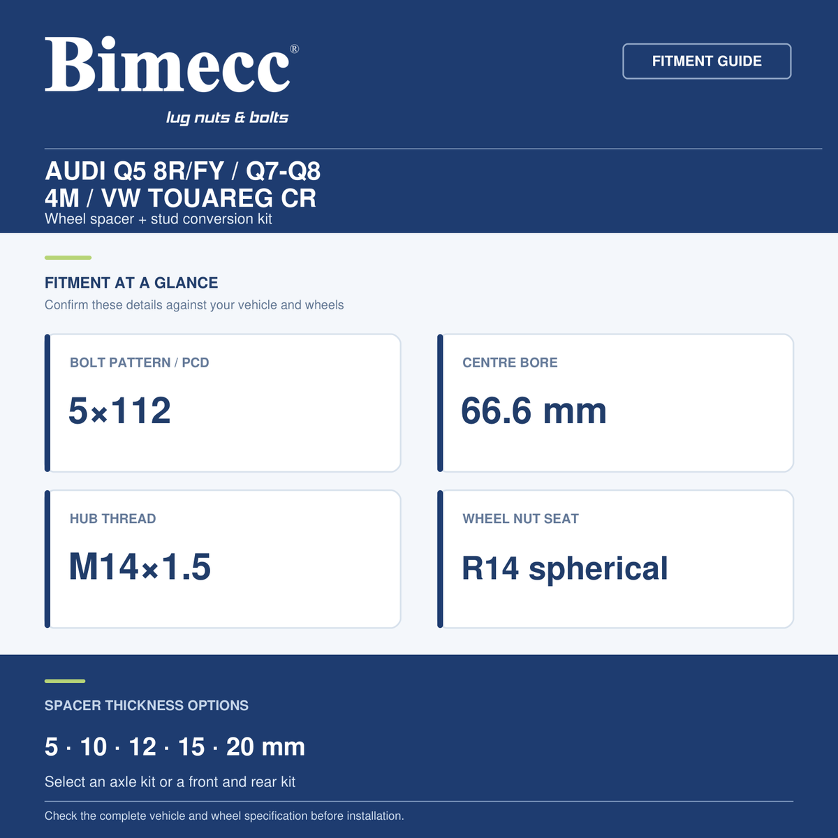 Bimecc Wheel Spacer + Stud Conversion Combo Kit - Audi Q5 8R/FY / Q7-Q8 4M / VW Touareg CR (5x112 / 66.6) — Bimecc branded fitment and specification guide